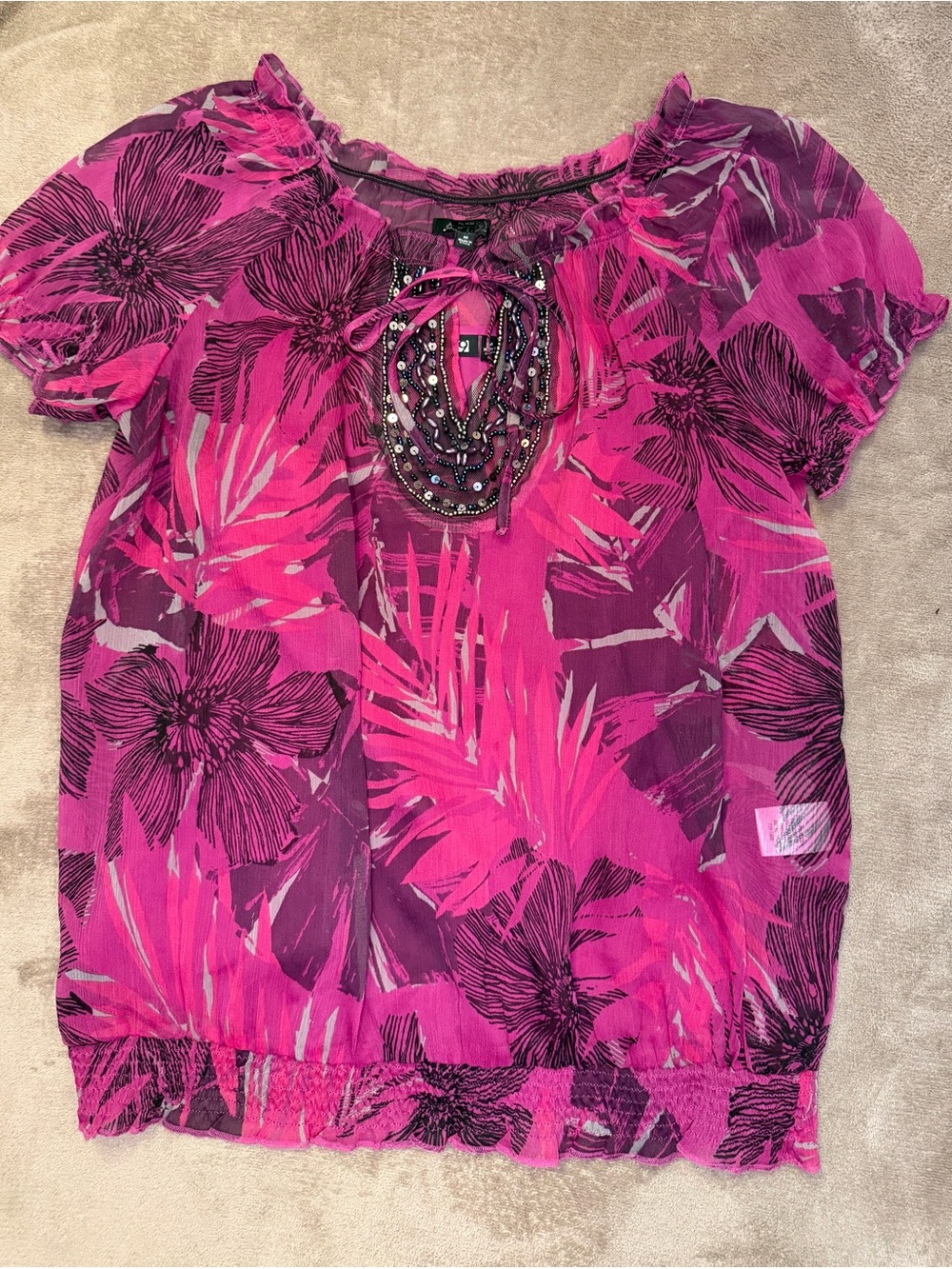 Apt. 9 Floral Sheer Blouse Size M Y2K Pink Tropical Beaded Top